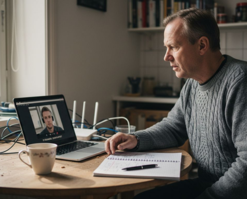 Man sitter i sitt kök hemma och har videosamtal med IT-supporten.