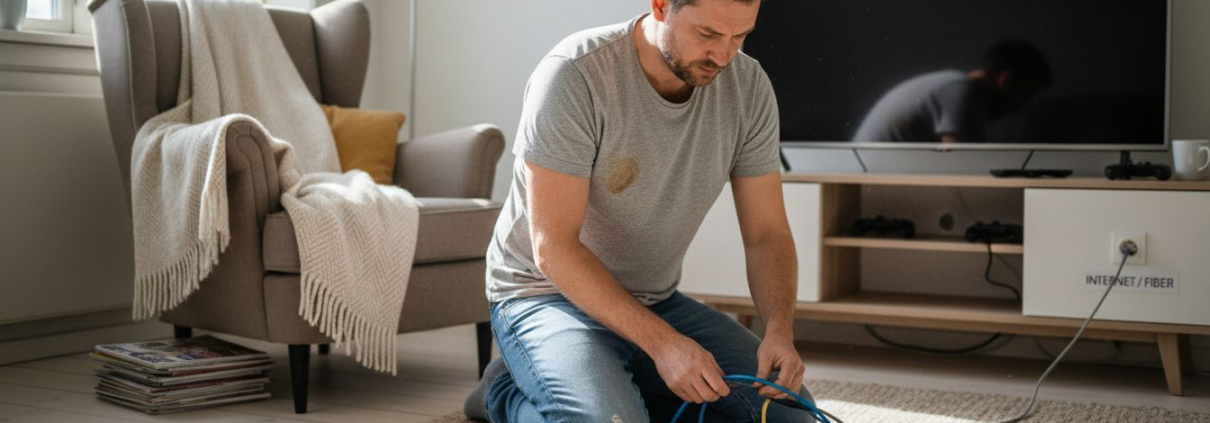 Guide nätverksinstallation hemma – steg för steg till säkert nätverk 1 Man ser till att nätverkskablarna i vardagsrummet är snyggt dragna och ordnade.