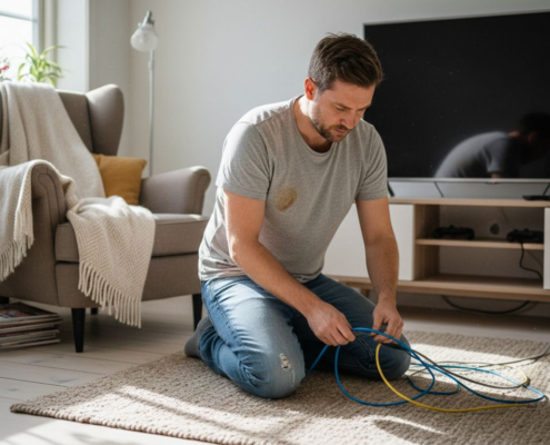 Man ser till att nätverkskablarna i vardagsrummet är snyggt dragna och ordnade.