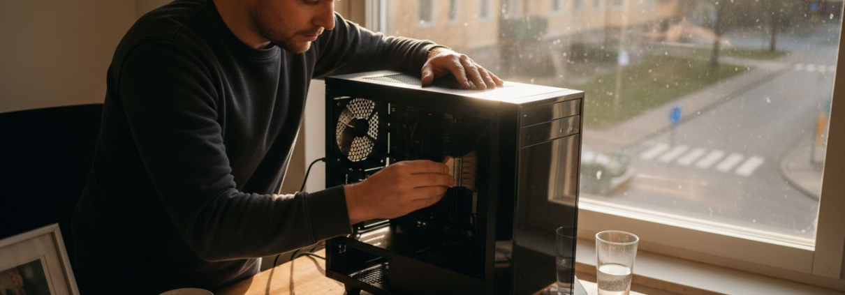 7 Effektiva Tips för Snabbare Dator – Upp till 50% Bättre Prestanda 1 En man sitter vid sitt stökiga skrivbord och gör rent insidan av sin dator.