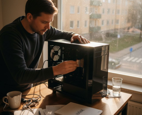 En man sitter vid sitt stökiga skrivbord och gör rent insidan av sin dator.