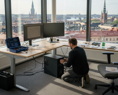 IT-tekniker installerar dator på kontoret