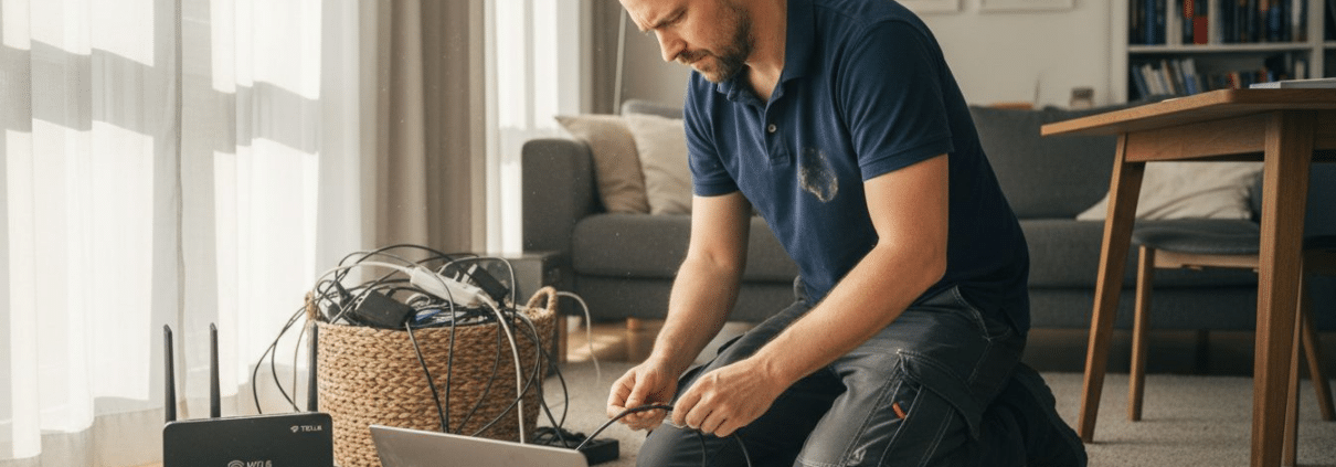 En tekniker håller på att installera en ny router i vardagsrummet.