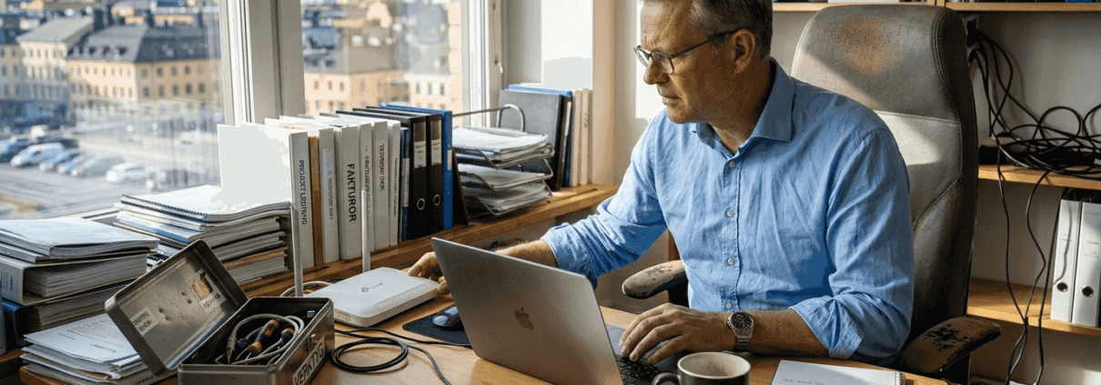 Man arbetar vid skrivbord med dator.