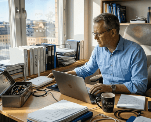 Hur felsöka nätverk i Stockholm: steg-för-steg guide 2026 - Datasupport Stockholm | Min Datorsupport AB 10 Man arbetar vid skrivbord med dator.