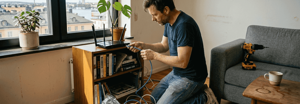 Man installerar nätverkskablar i lägenhet