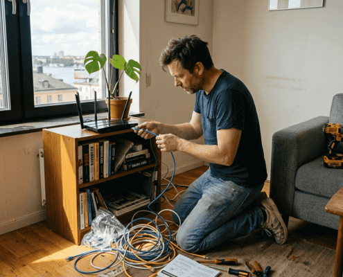 Nätverksinstallation steg för steg: trygg guide 2026 - Datasupport Stockholm | Min Datorsupport AB 9 Man installerar nätverkskablar i lägenhet