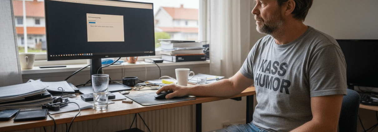 Man vid dator i hemmet.