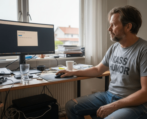 Man vid dator i hemmet.