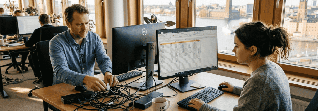 Två IT-tekniker arbetar tillsammans.