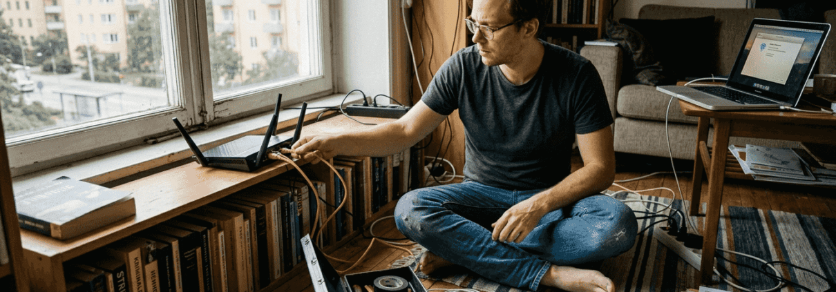 Vad innebär nätverksinstallation – komplett guide för 2026 1 Man installerar nätverk i hemmet