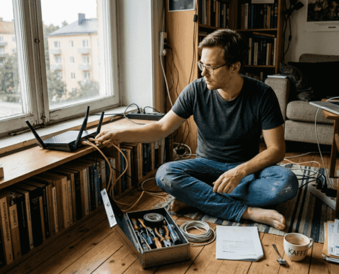 Man installerar nätverk i hemmet