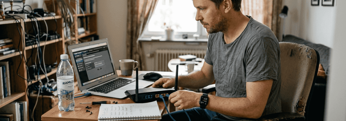 Tips för säkert nätverk 2026: skydda hem och företag 1 Man arbetar med routerinställningar