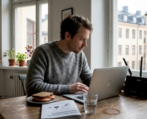 Så felsöker du wifi-problem: praktisk guide för 2026 9 Man arbetar vid köksbordet.