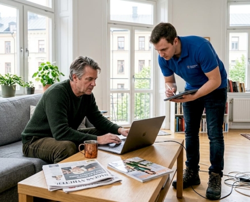 Tekniker hjälper kund med dator