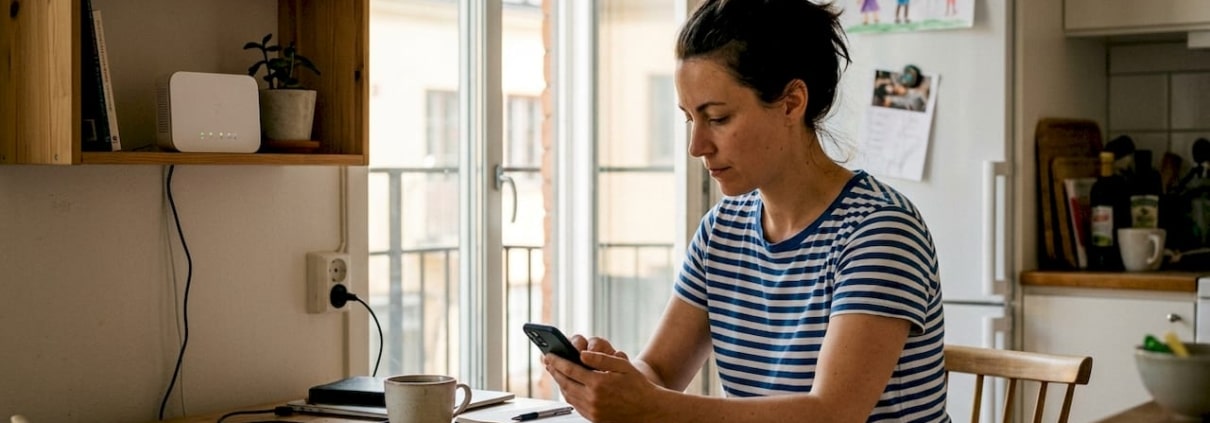Så förbättrar du din WiFi-signal hemma snabbt och effektivt 1 Kvinna sitter vid bord och använder telefon.
