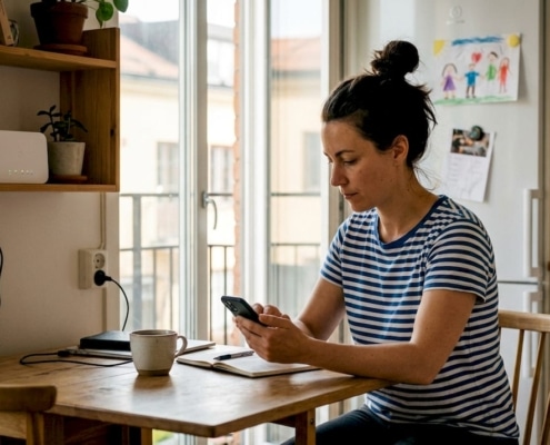 Kvinna sitter vid bord och använder telefon.