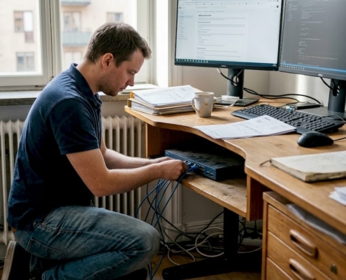 Tekniker kopplar nätverkskablar hemma