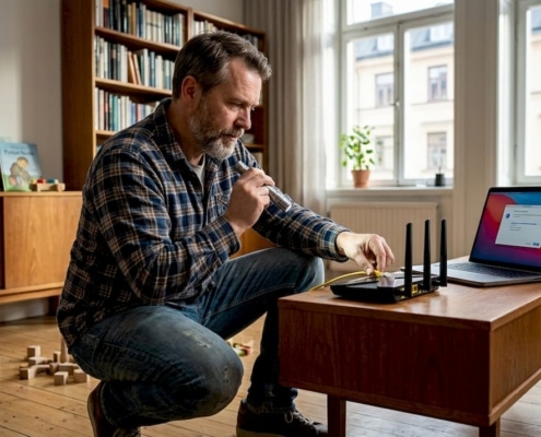 Man fixar WiFi i lägenhet.