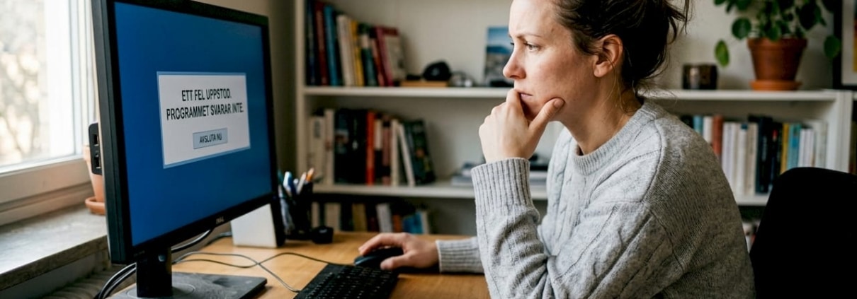 Kvinna som felsöker datorproblem hemma.