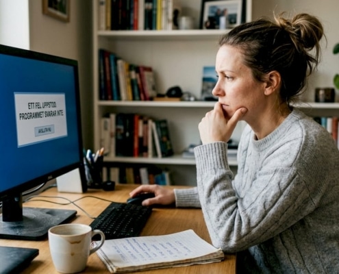 Kvinna som felsöker datorproblem hemma.